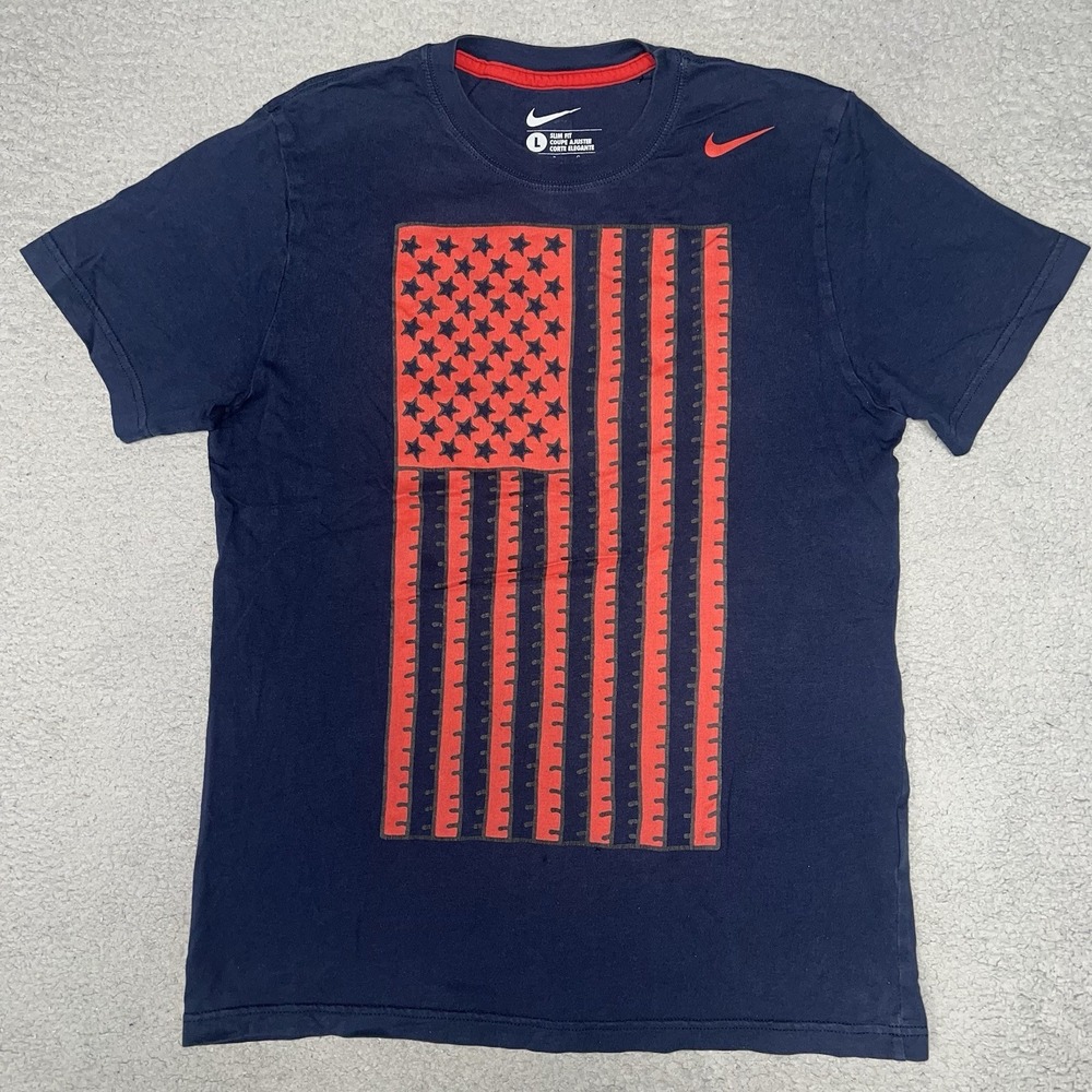 Nike American Flag T Shirt Men's Size L Blue US National Soccer Team 2-Sided Tee